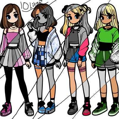 one girl with crop-top shirt and a jacket with a skirt, long socks and another girl with a shirt and pants with a jacket