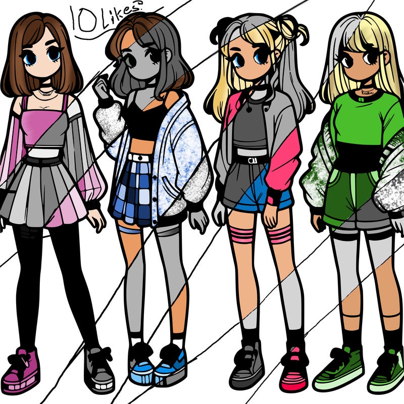 one girl with crop-top shirt and a jacket with a skirt, long socks and another girl with a shirt and pants with a jacket