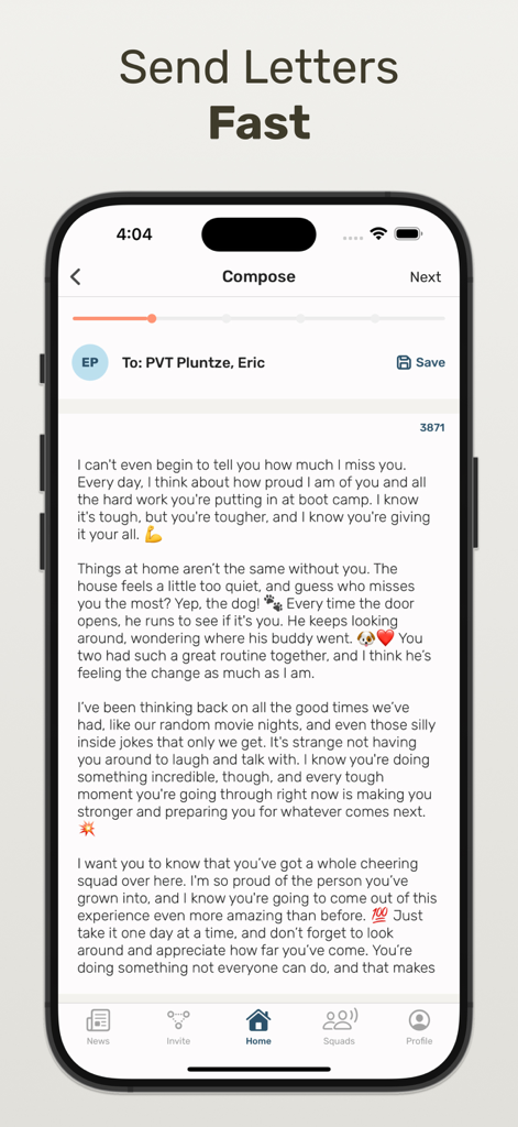 Interface of the Sandboxx app showing the compose screen for sending a digital letter to a military recruit