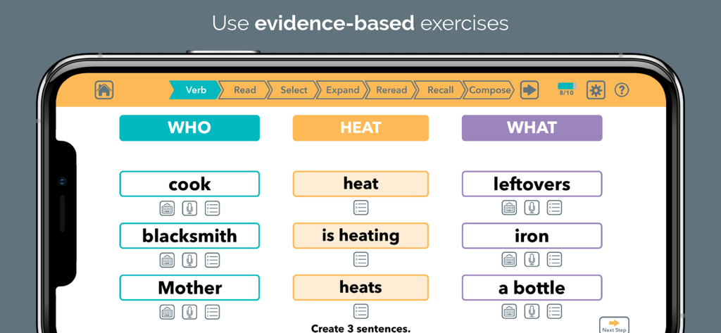 Advanced Language Therapy app interface showing a sentence construction exercise with columns for Who, Action, and What for aphasia rehabilitation.