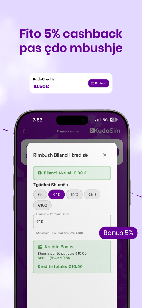 Kudo eSIM - Kudo eSIM app interface showing credit top up options and five percent cashback reward