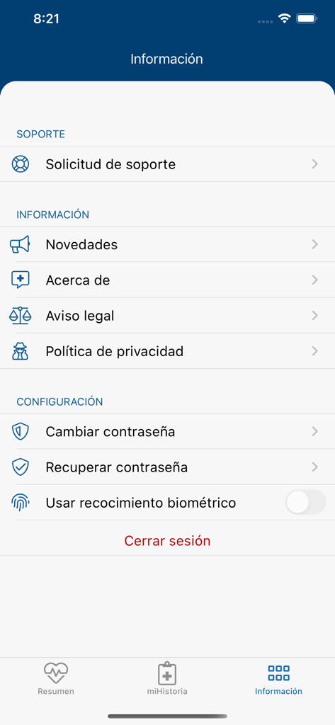 Menú de información y ajustes de la aplicación de salud miHistoria que muestra opciones de configuración y soporte