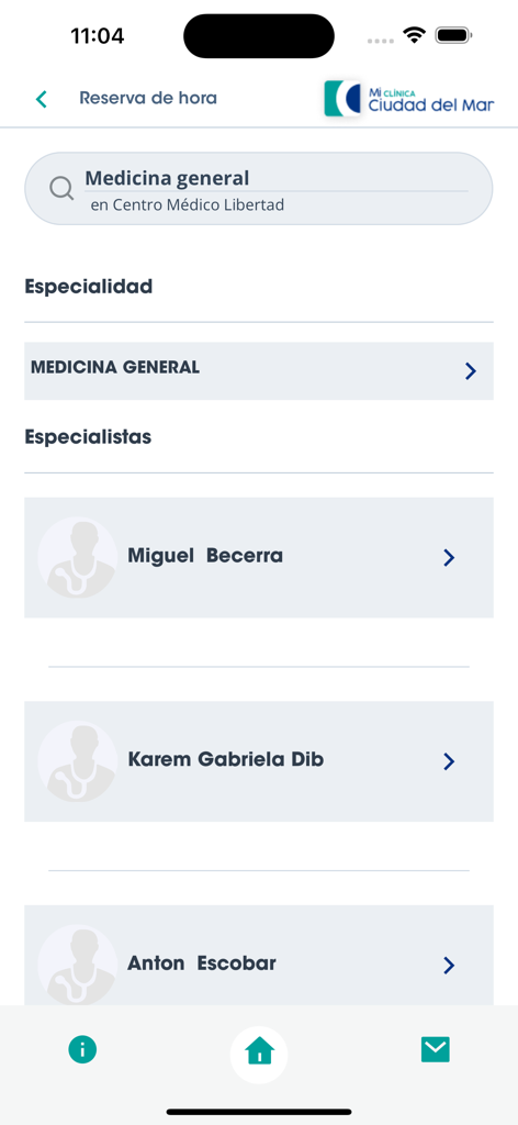 Clínica Ciudad del Mar - Pantalla de la aplicación móvil para reservar citas médicas que muestra una lista de especialistas en medicina general de Clinica Ciudad del Mar.