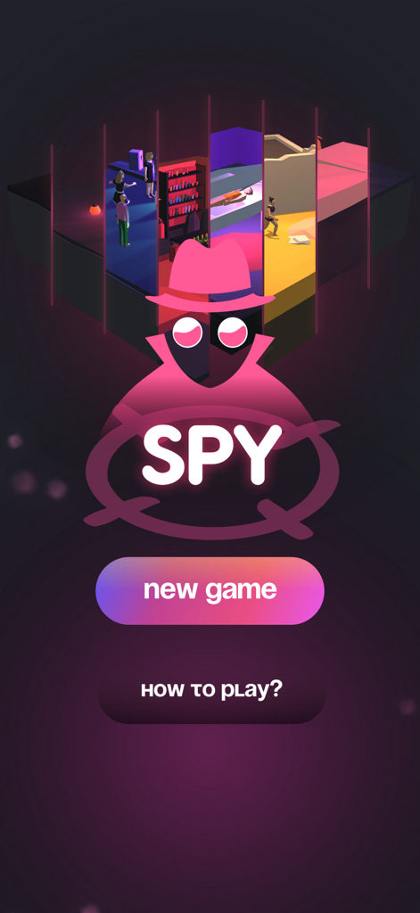 Main menu of the Spy party game featuring a pink spy icon and buttons to start a new game
