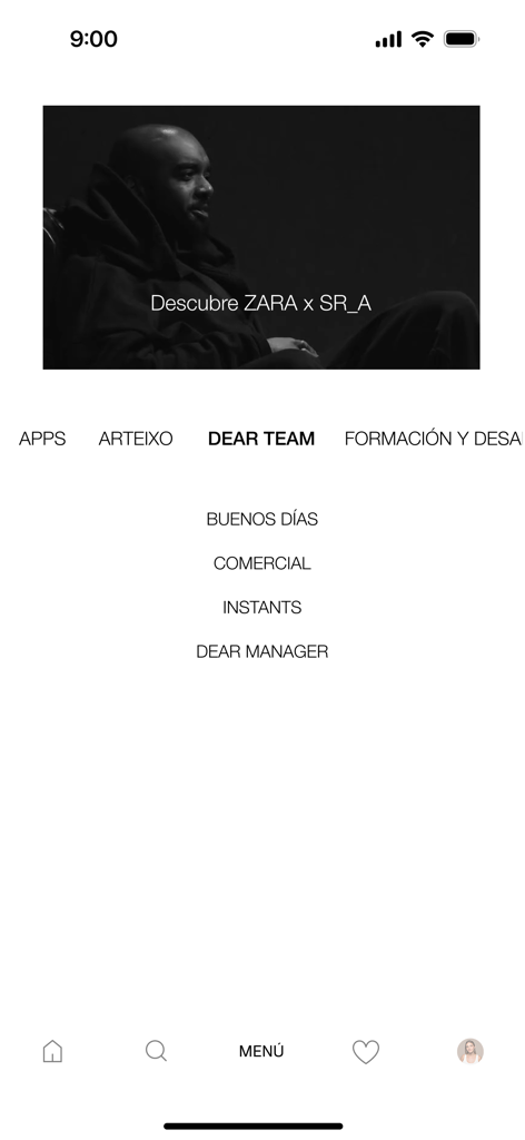 INET - Internal INET app interface for Inditex employees showing the Dear Team menu and a Zara collaboration banner