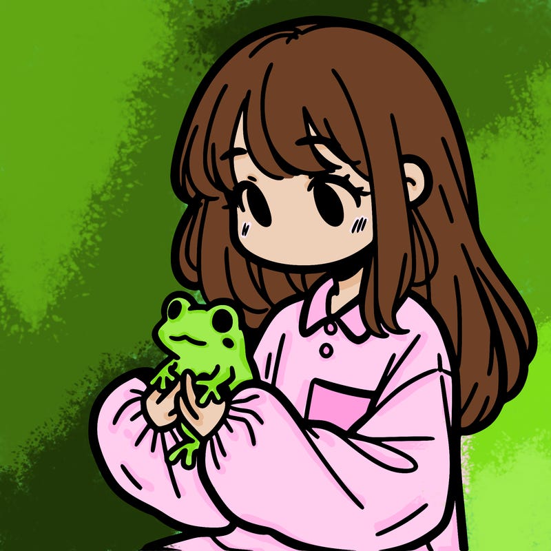 girl with long hair and a oversized shirt. and she is holding a frog