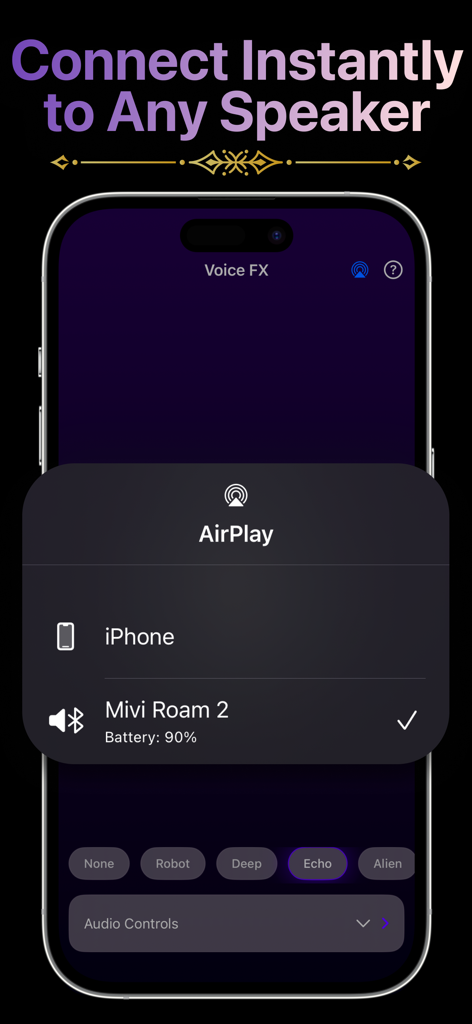 LiveMic: Bluetooth Speaker Mic - Interface of LiveMic app showing AirPlay speaker selection and voice effects like robot and echo