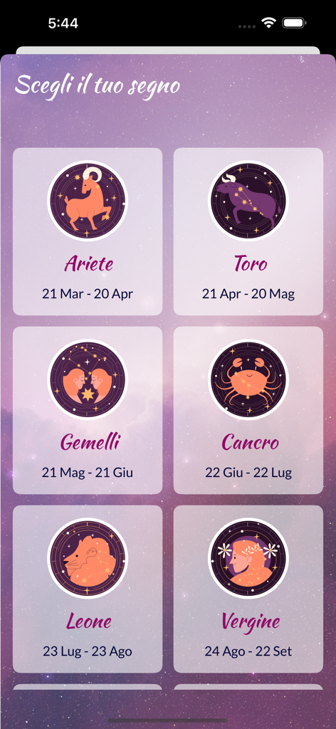 Astri di Paolo Fox - Griglia di selezione dei segni zodiacali nell'app di astrologia Astri di Paolo Fox