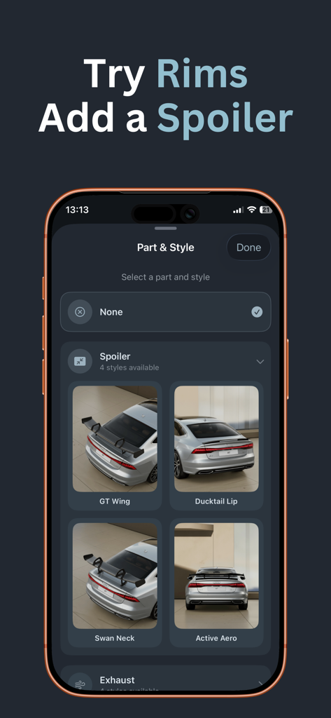 AI Car Modification - CarModo - CarModo app interface for choosing and adding different car spoilers
