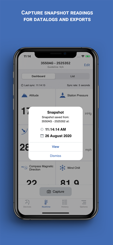 Kestrel LiNK app interface showing a snapshot confirmation for environmental readings and data logging.