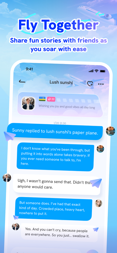 Fyla: Fly, Chat & Play - Conversación de chat anónimo en la interfaz de la app Fyla iniciada por un mensaje de avión de papel
