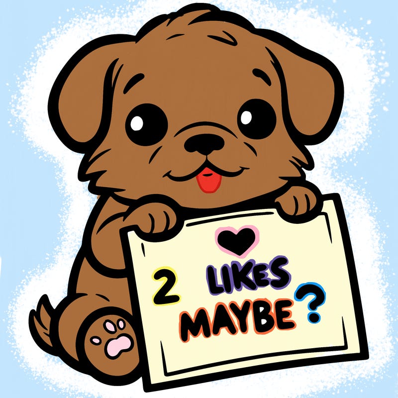 a puppy holding a sign that says 2 likes maybe?