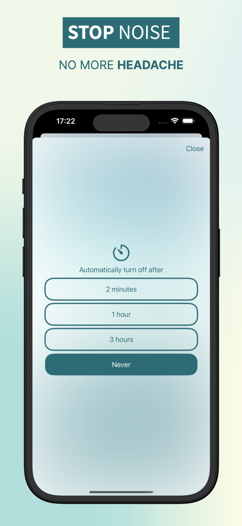 Volume Blocker and Limiter - Captura de pantalla de la aplicación Bloqueador de Volumen que muestra la configuración del temporizador de apagado automático con opciones de dos minutos, una hora, tres horas o nunca