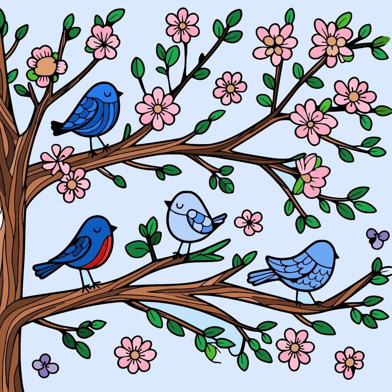 tree branches with birds and flowers