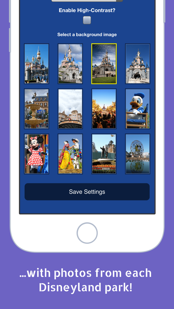 Background image selection screen featuring photos of Disneyland castle and characters.