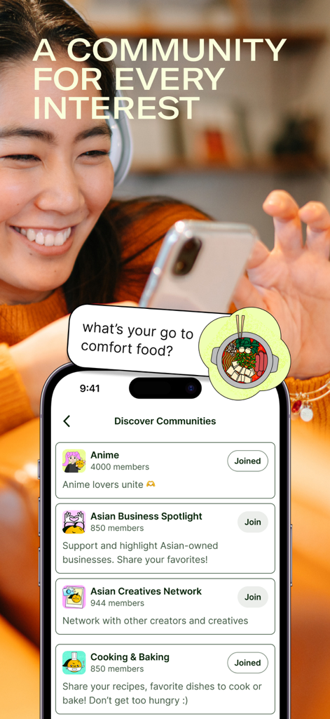 Screenshot of the Yuzu app Discover Communities page featuring groups for Anime, Asian business, and cooking.
