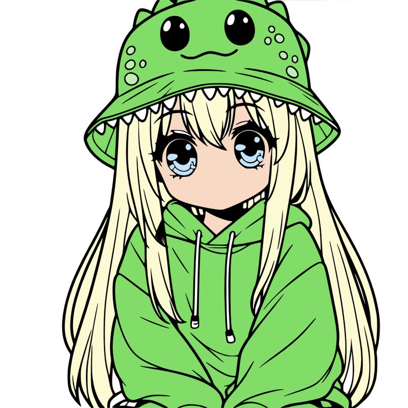 girl with anime shaped eyes with a dinosaur bucket hat oversized sweatshirt long straight hair