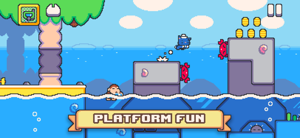 Super Cat Tales 2 - Jugabilidad retro con arte de píxeles de Super Cat Tales 2 que muestra a un gato azul saltando en un nivel de agua con cangrejos y monedas.