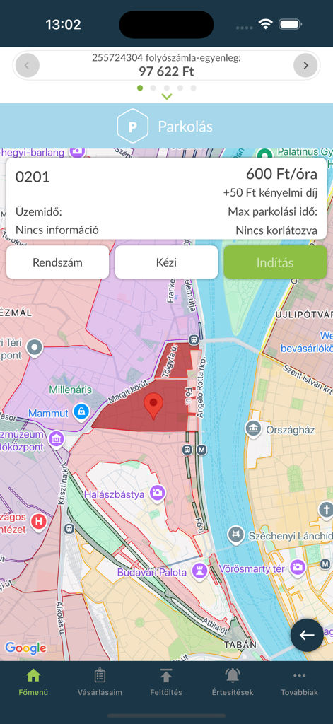 Nemzeti Mobilfizetési Rendszer - Vista de mapa de la aplicación Nemzeti Mobilfizetesi Rendszer que muestra las zonas y tarifas de aparcamiento en Budapest