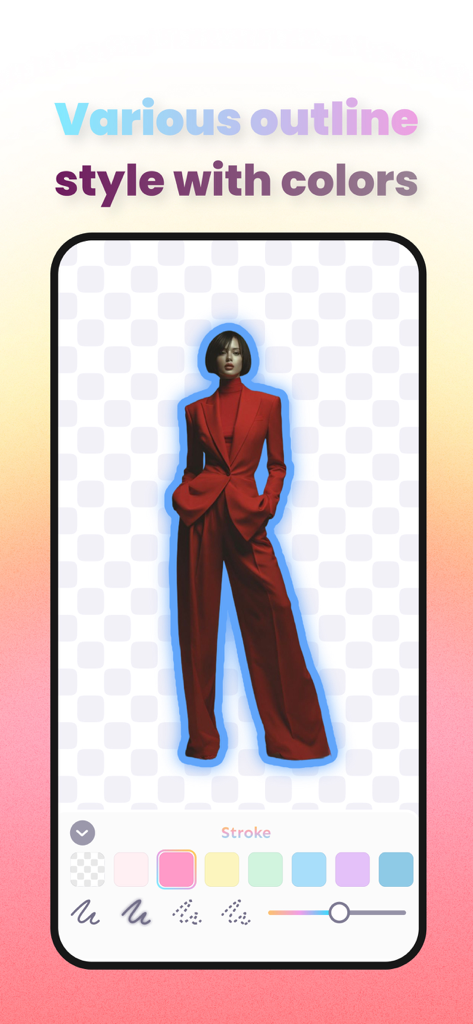 Ai Photo - Background Eraser - An iPhone screen displaying a photo of a woman in a red suit with a blue glowing outline and a color selection menu for strokes.