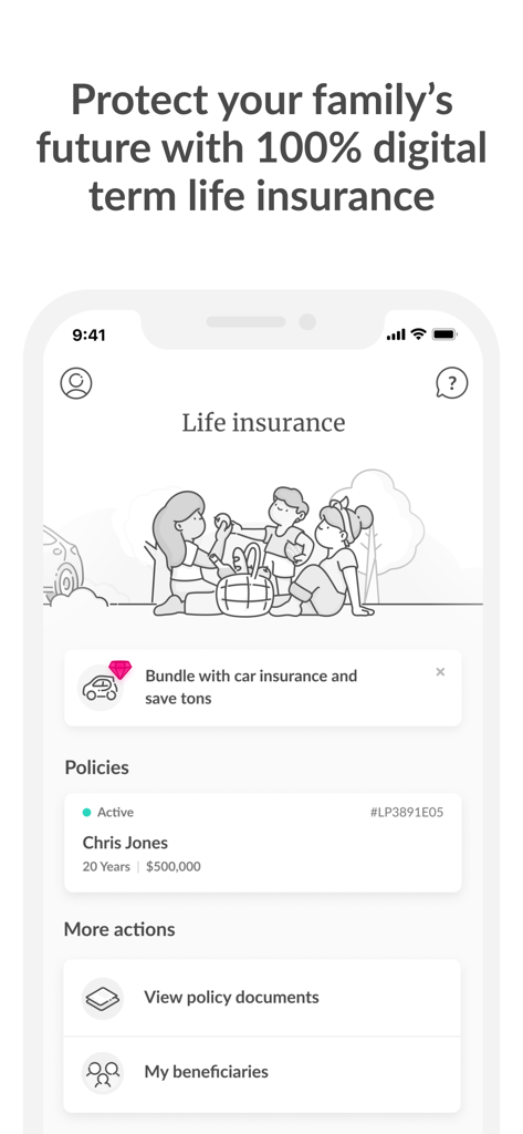 A screenshot of the Lemonade Insurance mobile app showing a digital life insurance policy overview with a family illustration.