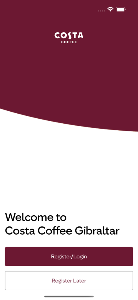 Costa Coffee Gibraltar - コスタコーヒー ジブラルタルアプリのウェルカム画面。ログインと登録ボタンが表示されています