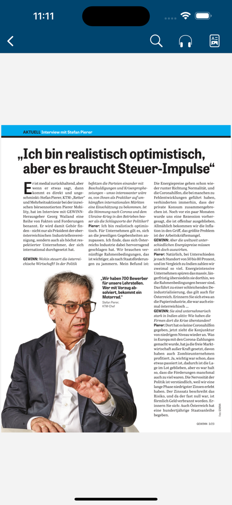 GEWINN: Das Wirtschaftsmagazin - GEWINNビジネス雑誌アプリのデジタル記事ビュー。Stefan Piererへのインタビューを特集しています。