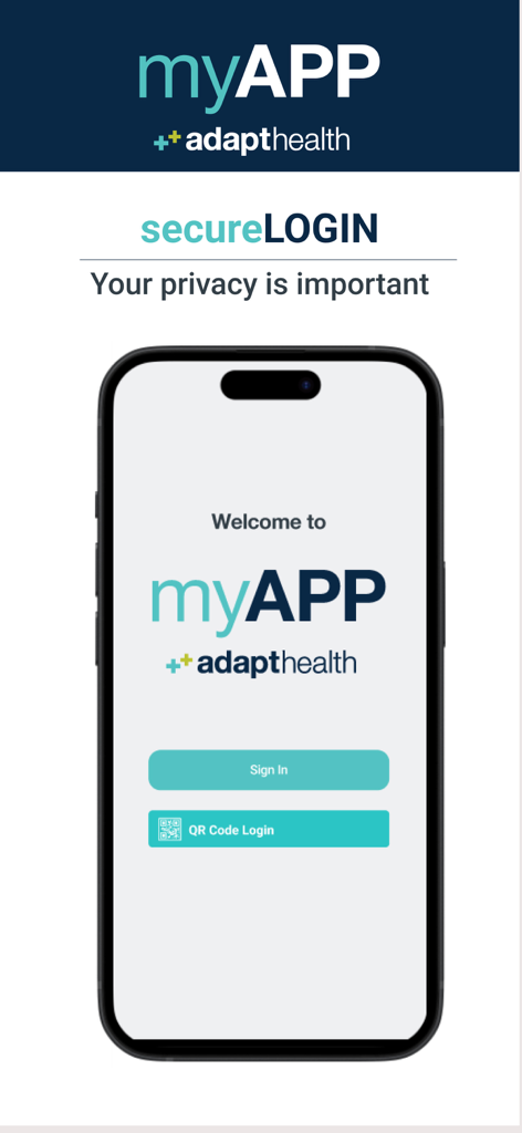 myAPP by AdaptHealth login screen with sign in and QR code options