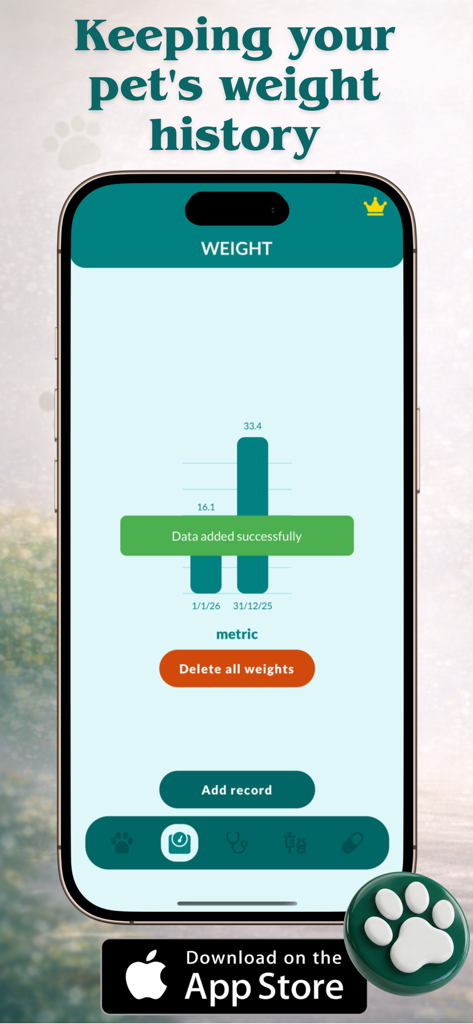 Vet Record - pet health track - Mobile app interface showing a pet weight history graph and tracking tools