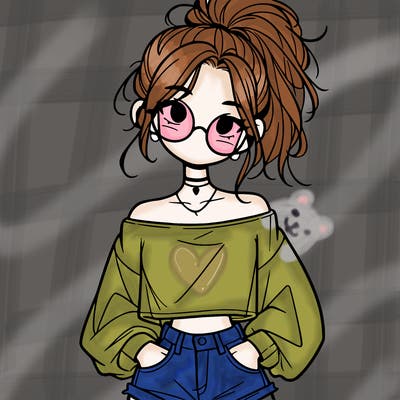 girl with a messy ponytail glasses a baggy crop top and jean shorts