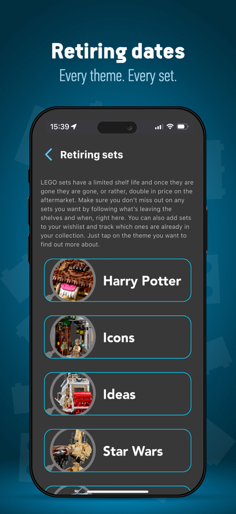 Brick Search: The LEGO set app - Screen from the Brick Search app showing retiring LEGO sets organized by themes like Harry Potter and Star Wars