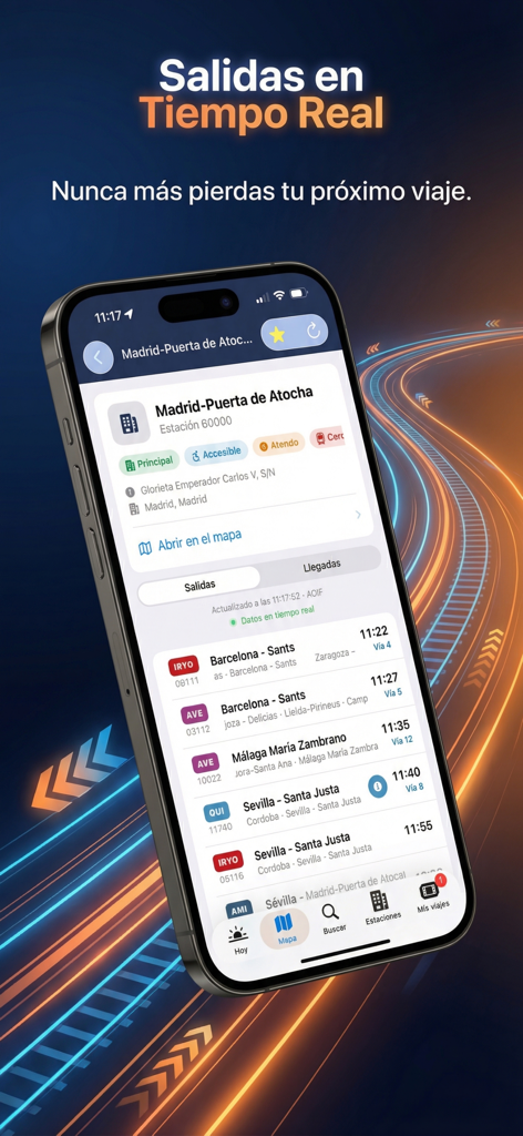 Spain Trains Live Map & Travel - Écran d'iPhone affichant les départs de trains en temps réel de la gare de Madrid Puerta de Atocha
