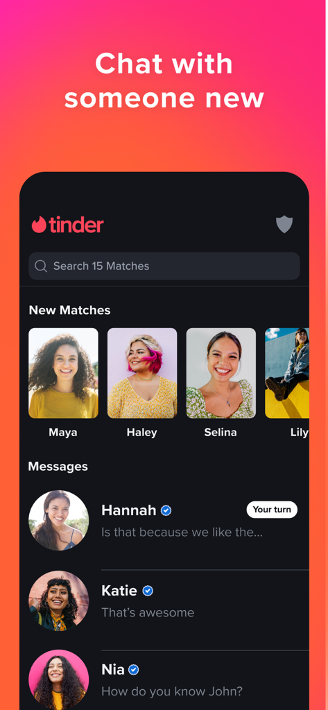 Tinder mobile app screenshot displaying the messages screen with new matches and active chat threads.
