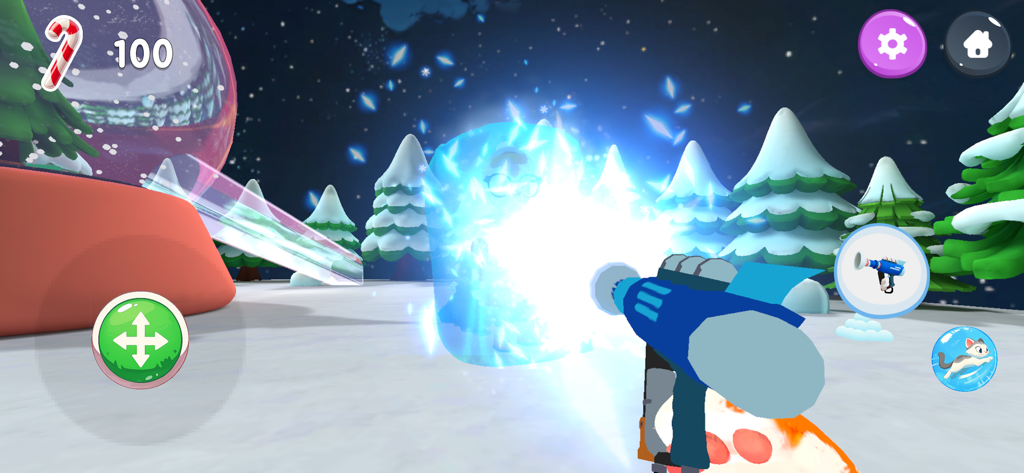 Vista en primera persona de un gato usando una pistola de rayo congelador para congelar un personaje en un paisaje invernal nevado