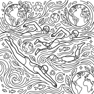Immerse yourself in a powerful coloring experience that celebrates both incredible para swimmers and the vital spirit of Earth Day. This unique design beautifully merges athletic determination with themes of environmental care and global responsibility.