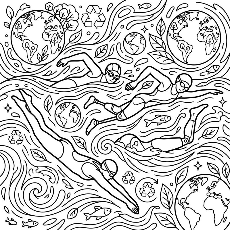 Immerse yourself in a powerful coloring experience that celebrates both incredible para swimmers and the vital spirit of Earth Day. This unique design beautifully merges athletic determination with themes of environmental care and global responsibility.