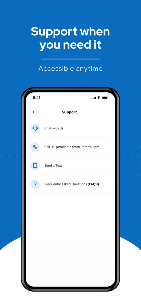 VeloRemit - The support screen of the VeloRemit app showing options to chat, call, text, or visit the FAQ section.