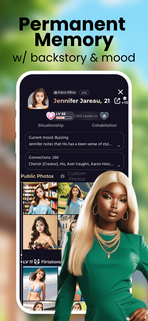 Enjoy - AI Town: the Game - A character profile screen in Enjoy AI Town showing permanent memory backstory and mood features