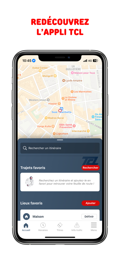 TCL - TCL app interface on a smartphone showing a map of Lyon and public transport navigation options