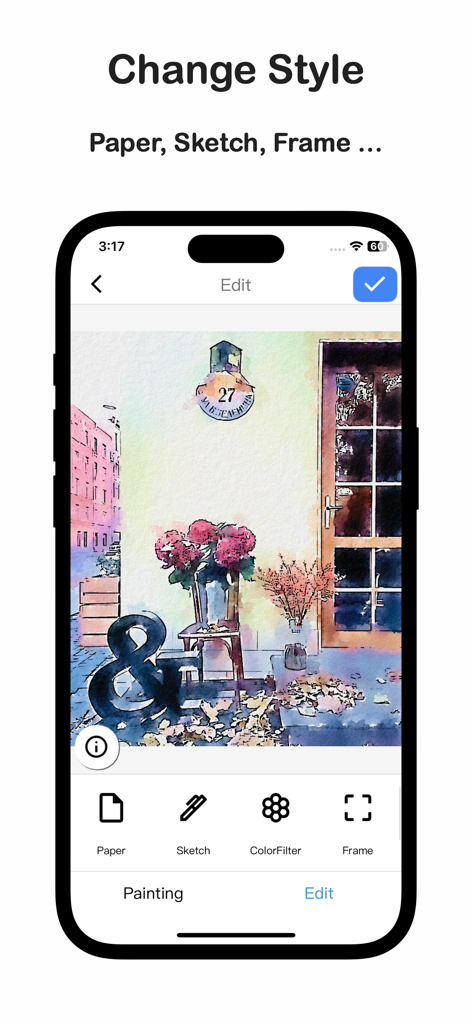 Interfaz de la aplicación Qnipaint mostrando opciones de edición de acuarela para efectos de boceto de papel y marco.