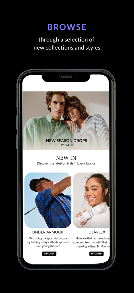 Tata CLiQ Luxury Shopping App - Interfaz de la aplicación móvil Tata CLiQ Luxury que muestra novedades y colecciones de marcas premium como Gant, Under Armour y Olaplex.