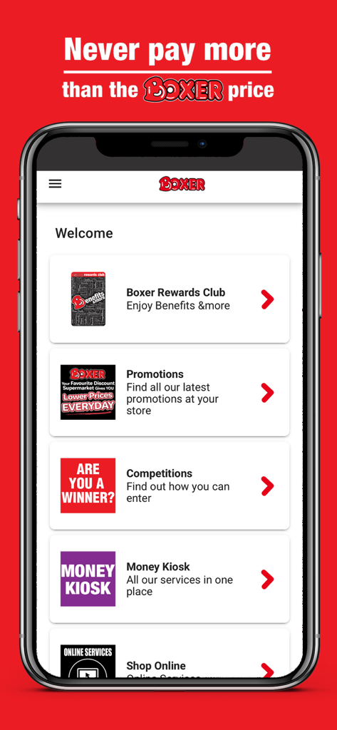 Boxer - The home screen of the Boxer mobile app displaying the rewards club and promotions