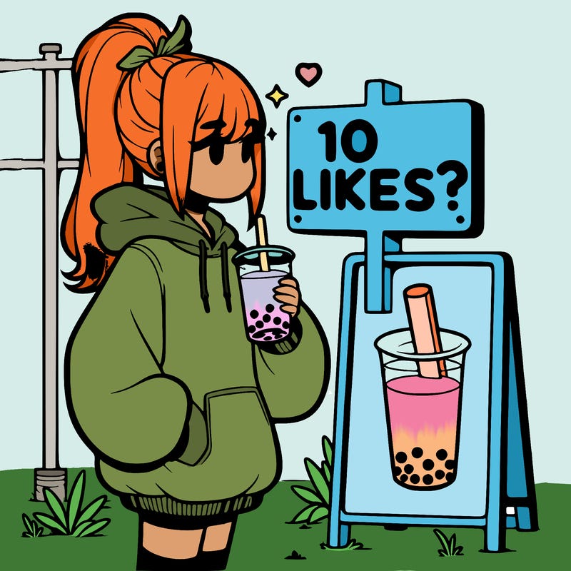 girl with oversized hoodie drinking boba and she has a high ponytail with a sign that says 10likes?