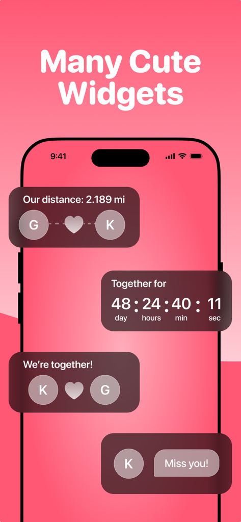 Tela de smartphone exibindo widgets fofos de relacionamento para distância, tempo juntos e status.