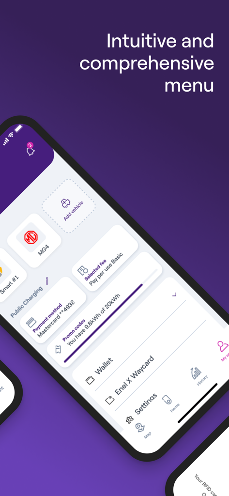 Interfaccia dell'app Enel X Way che mostra il profilo del veicolo e il menu di gestione della ricarica