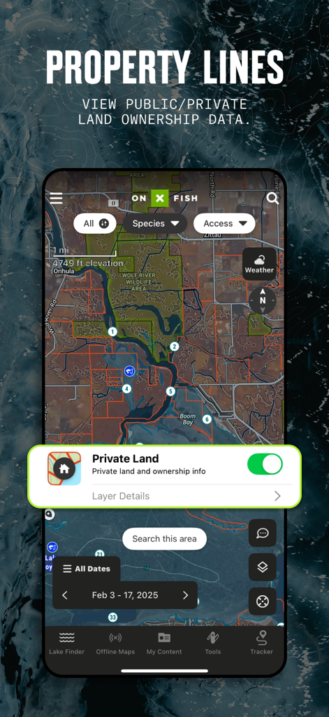 onX Fish: Midwest Lake Finder - onX Fish app interface showing public and private land ownership data for anglers