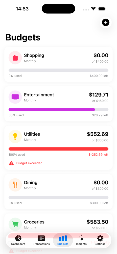 Interface iPhone affichant les barres de progression du budget mensuel pour diverses catégories de dépenses comme le shopping et les services publics.