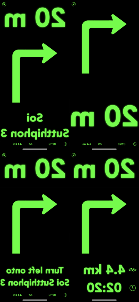 Cuatro pantallas de interfaz de navegación en espejo con texto e iconos verdes sobre un fondo negro para Head-Up Display