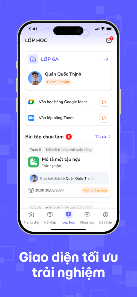 OLM - Interface de la salle de classe de l'application OLM montrant les détails de la classe et les devoirs à venir en vietnamien