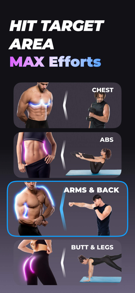 MuscleFit app screen showing targeted workout options for chest abs arms back and legs with visual exercise guides